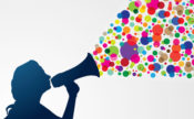 Woman speaking into a bullhorn